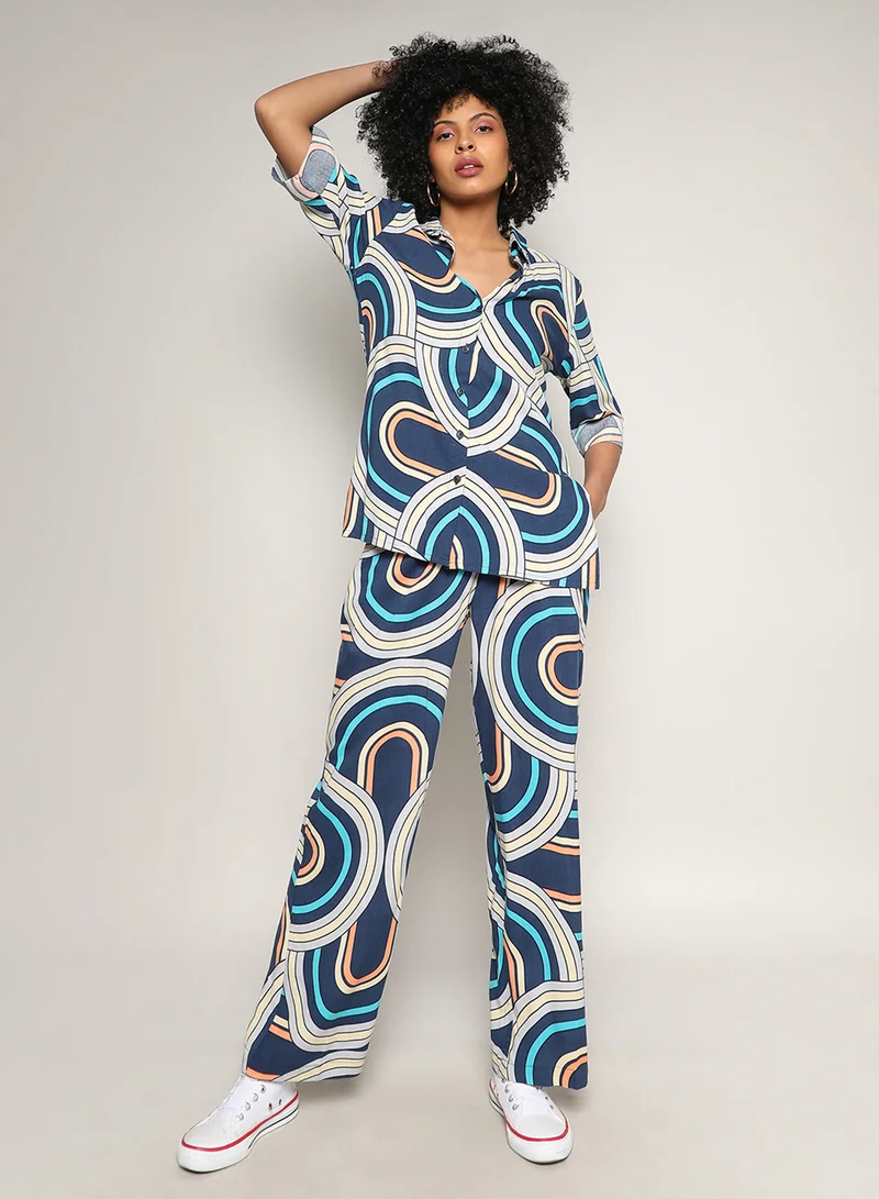 كامبوس سوترا Women's Indigo Blue Contrast Lined Co-Ord Set For Casual Wear | Spread Collar | Regular Sleeves | Button Closure | Co-Ords Crafted With Comfort Fit For Everyday Wear